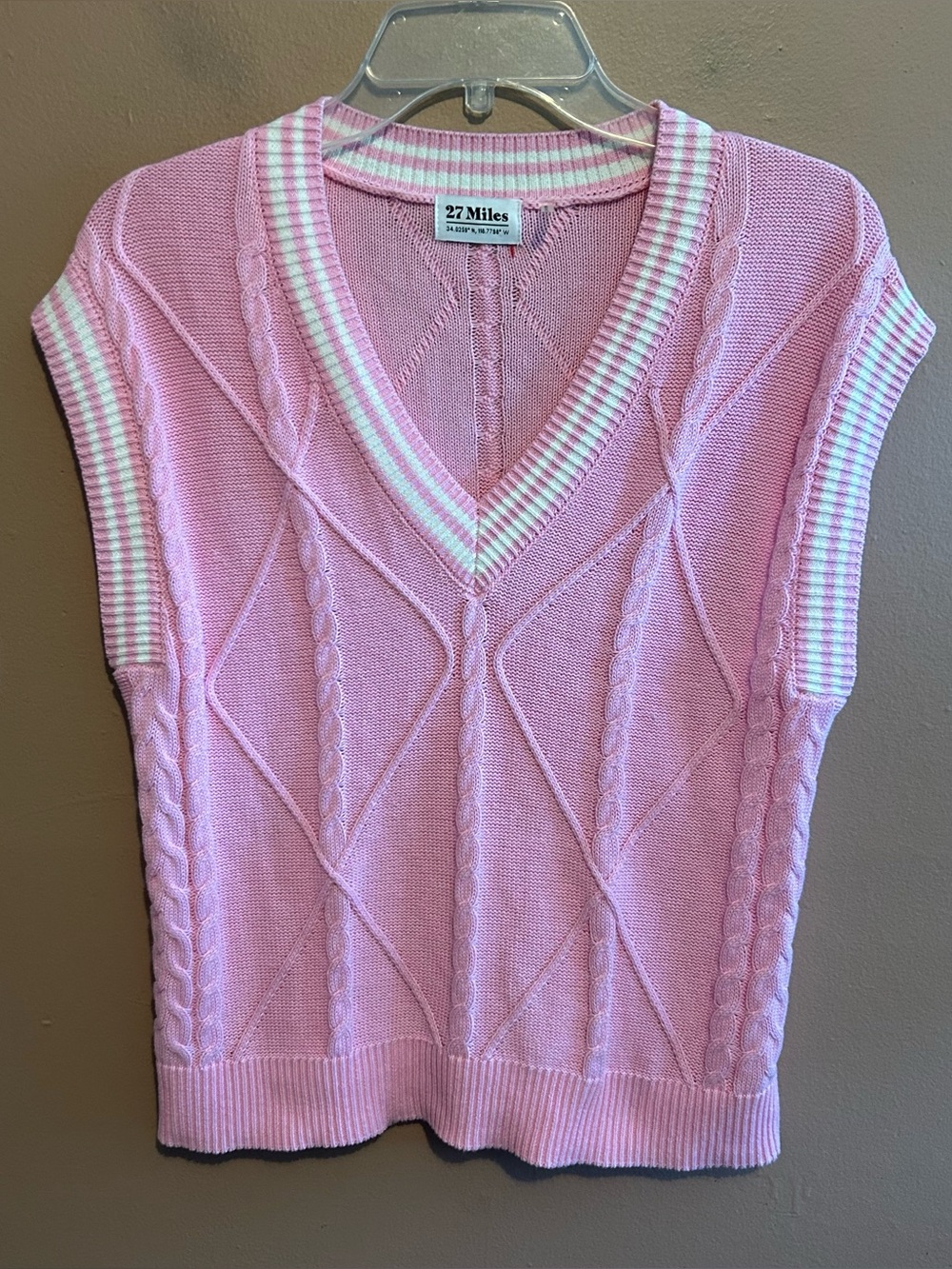 27 Miles Pink Cable Knit Varsity Sweater Vest Baby Pink / White XS
